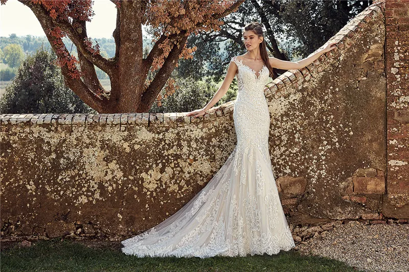 Sexy Beach Boho Full Lace Mermaid Sheer Neck Illusion Button Back Bohemian Wedding Dresses Bridal Gowns Bc1800