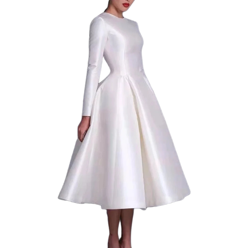 Elegant Tea Length A Line Wedding Dresses Long Sleeves White Satin Simple Bride Reception Dress Jewel neck Garden Bridal Gowns 2024