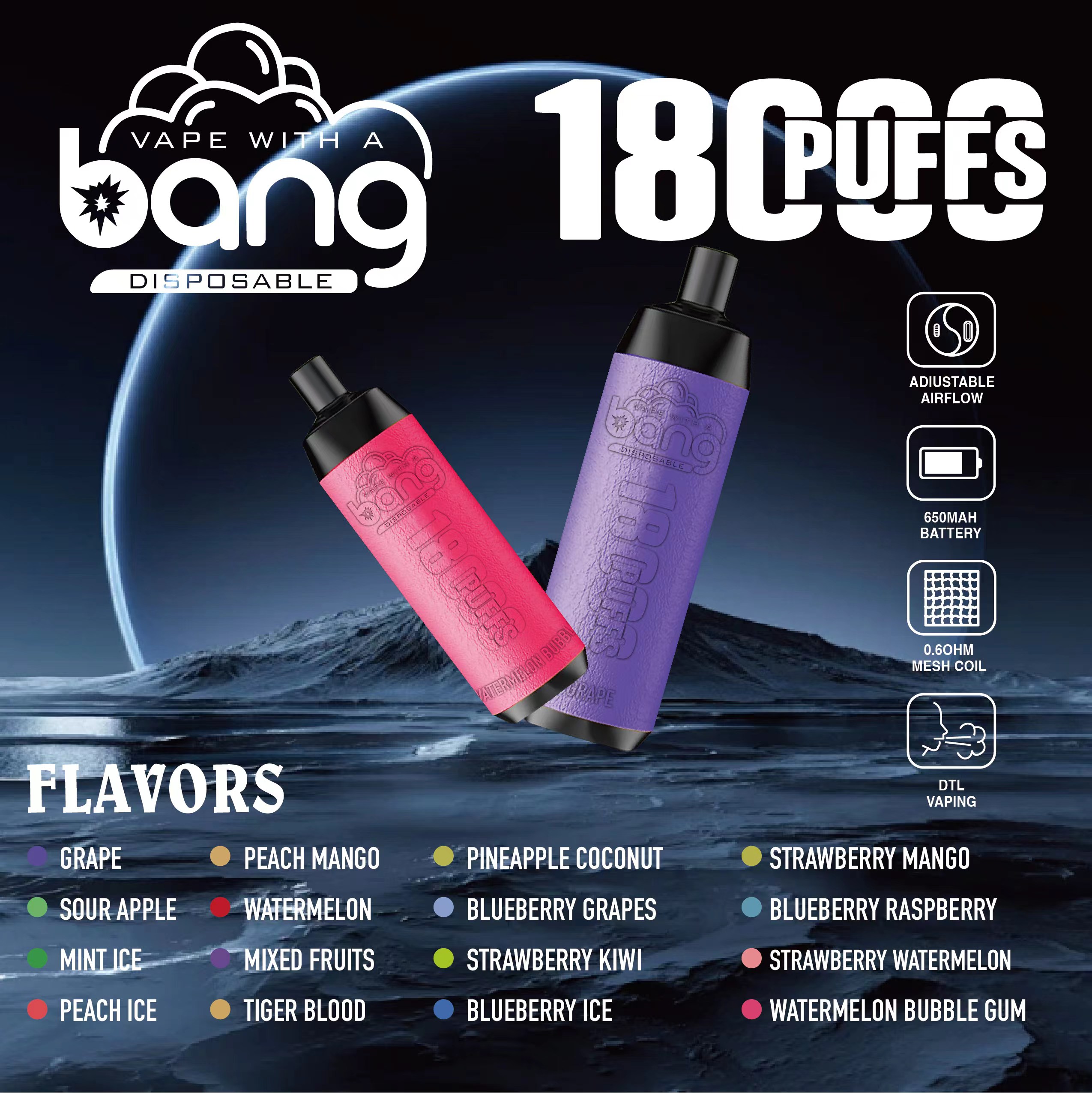 Original Bang 18000 puffs Disposable Vape Mesh Coil Shisha Bar Style Detachable E Cigarette Adjustable Airflow Pod Device puff 18k vaper vs Al Fakher Big Cloud