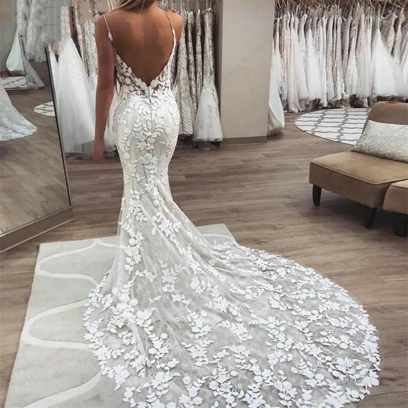 Lace Mermaid Bohemian Wedding Dresses Sexy Backless Spaghetti Long Boho Beach Bridal Gowns Appliques Summer Bride Dress