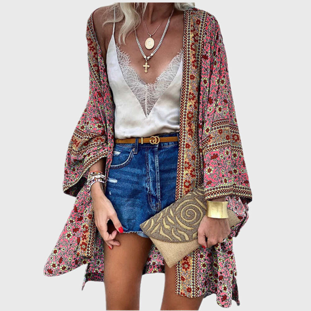 Women's 2024 Summer Thin Loose Bohemian Long Sleeve Printed Mid Length Cardigan Cover Up