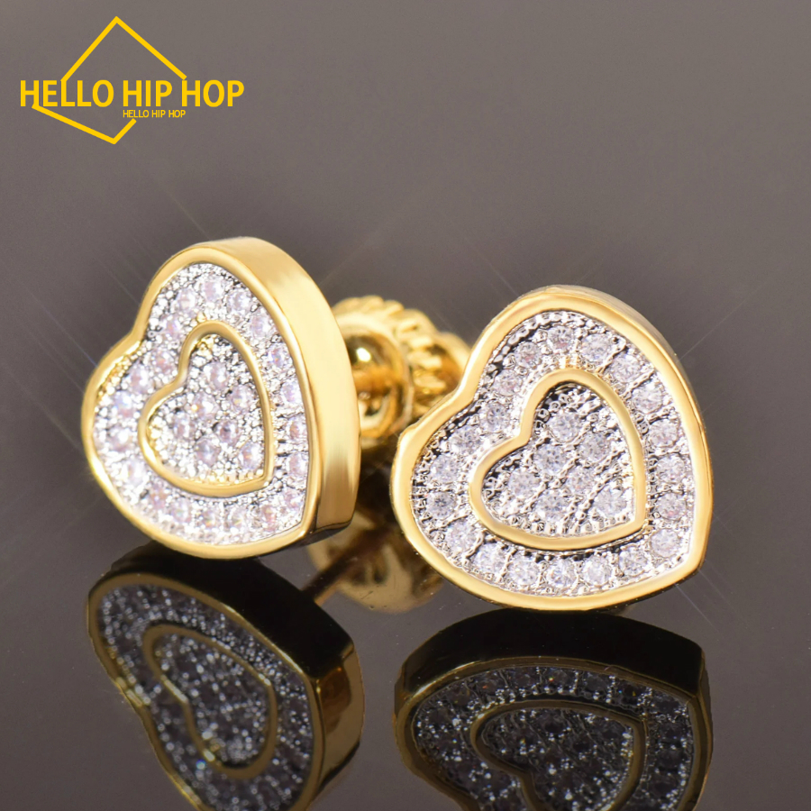 Stylish 10MM Heart Shape Hip Hop Stud Earrings with Cubic Zirconia Screw Back for Men and Women Bg Jewelry Love Gift 4