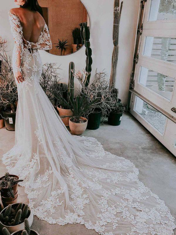 Boho Long Sleeves Mermaid Wedding Dresses Elegant Sheer Scoop Neck Lace Applique Sweep Train Beach Garden Plus Size vestido Backless Bridal Gown de BC