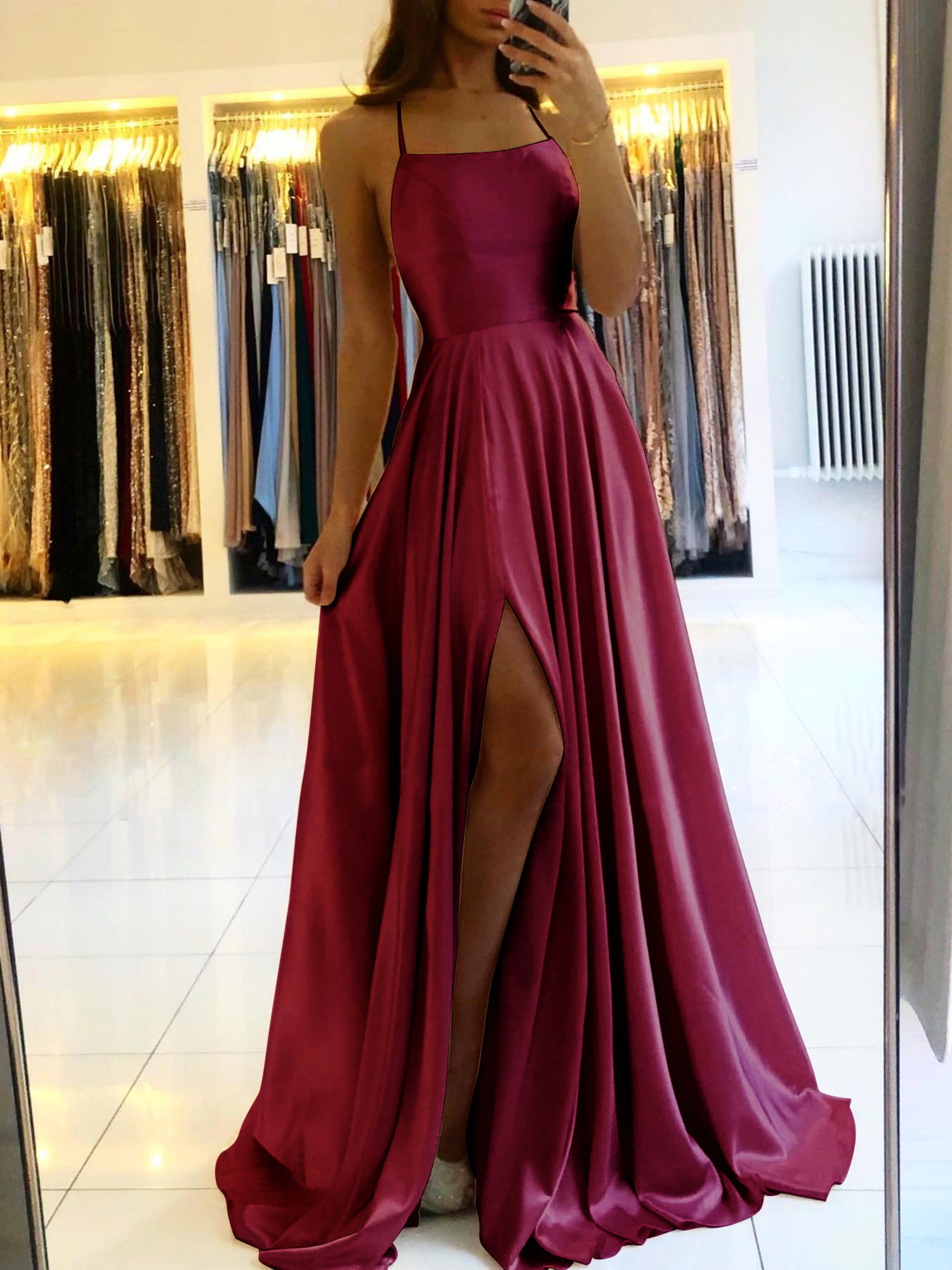 Babynice666 Modern Sexy Split Side A Line Prom Dresses Spaghetti Straps Sleeveless Reflective Evening Gowns Elastic Silk Like Satin Party Custom Made 