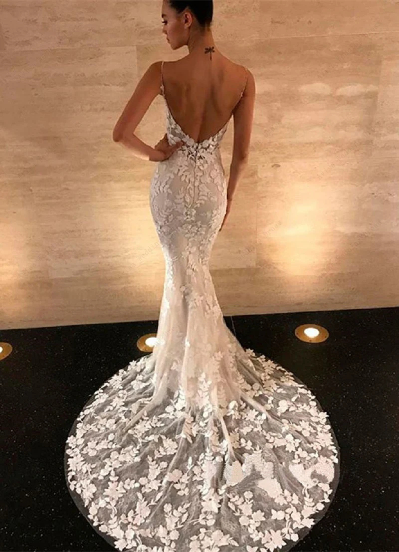 Lace Mermaid Bohemian Wedding Dresses Sexy Backless Spaghetti Long Boho Beach Bridal Gowns Appliques Summer Bride Dress