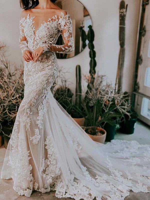 Boho Long Sleeves Mermaid Wedding Dresses Elegant Sheer Scoop Neck Lace Applique Sweep Train Beach Garden Plus Size vestido Backless Bridal Gown de BC