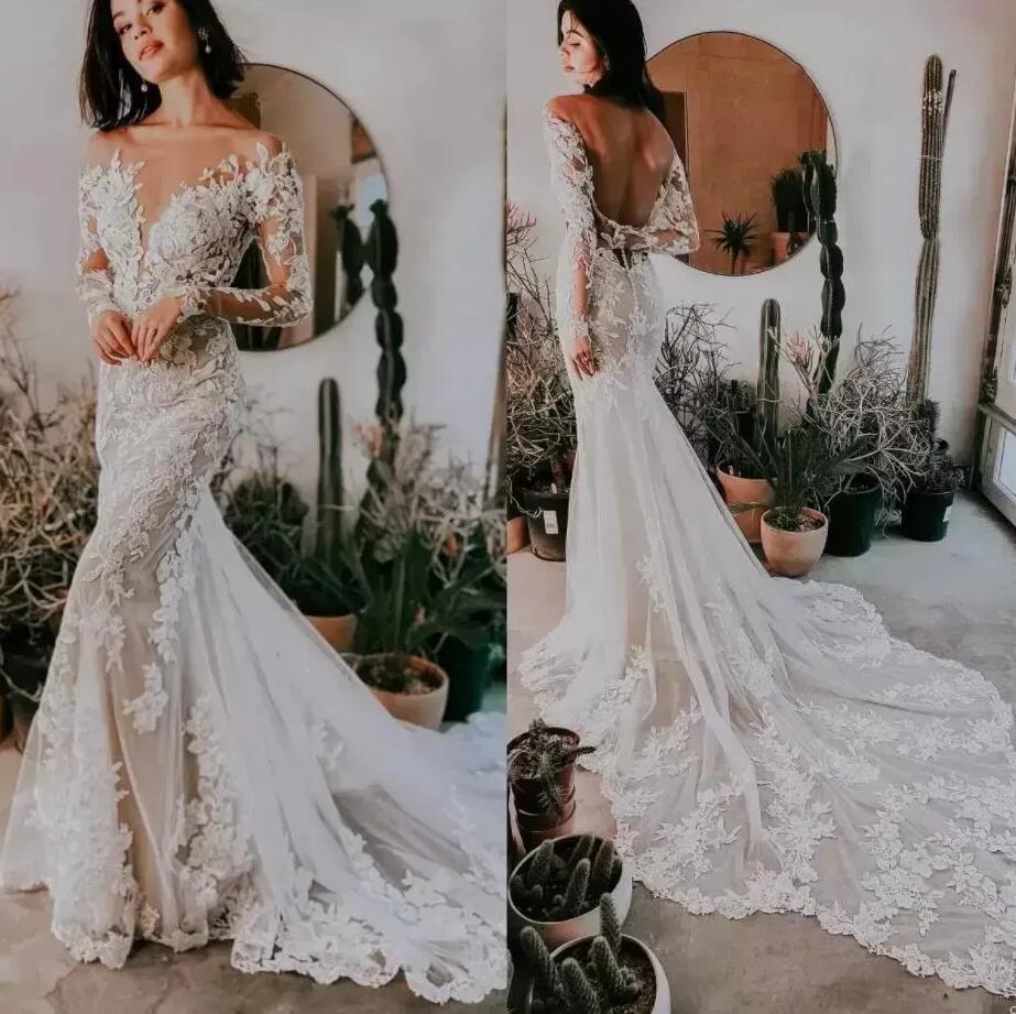 Boho Long Sleeves Mermaid Wedding Dresses Elegant Sheer Scoop Neck Lace Applique Sweep Train Beach Garden Plus Size vestido Backless Bridal Gown de BC