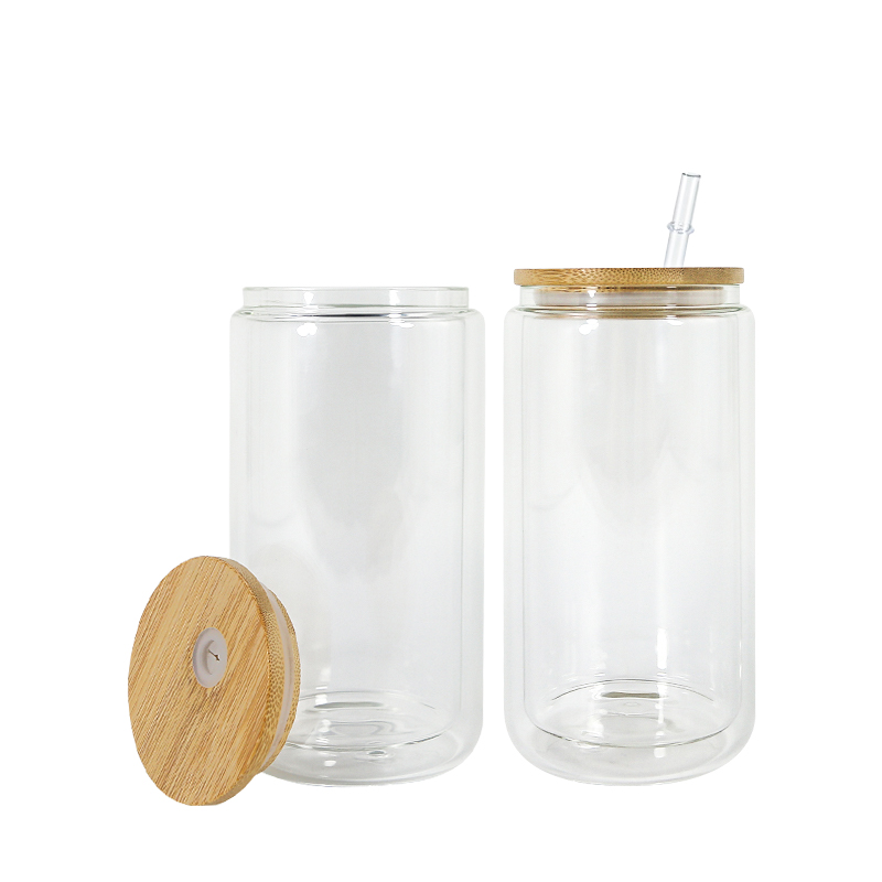 Sublimation 16oz Snow globe tumbler double wall glass tumblers with bamboo lids for Vinyl UV DTF sticker Summer Drinkware Mason Jar drinking cups