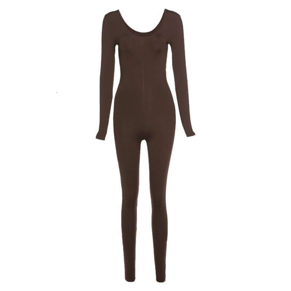 2024 Spring Women's New Low Neck Tight Long Sleeve High Waist Solid Color Sports and Fiess Jumpsuit