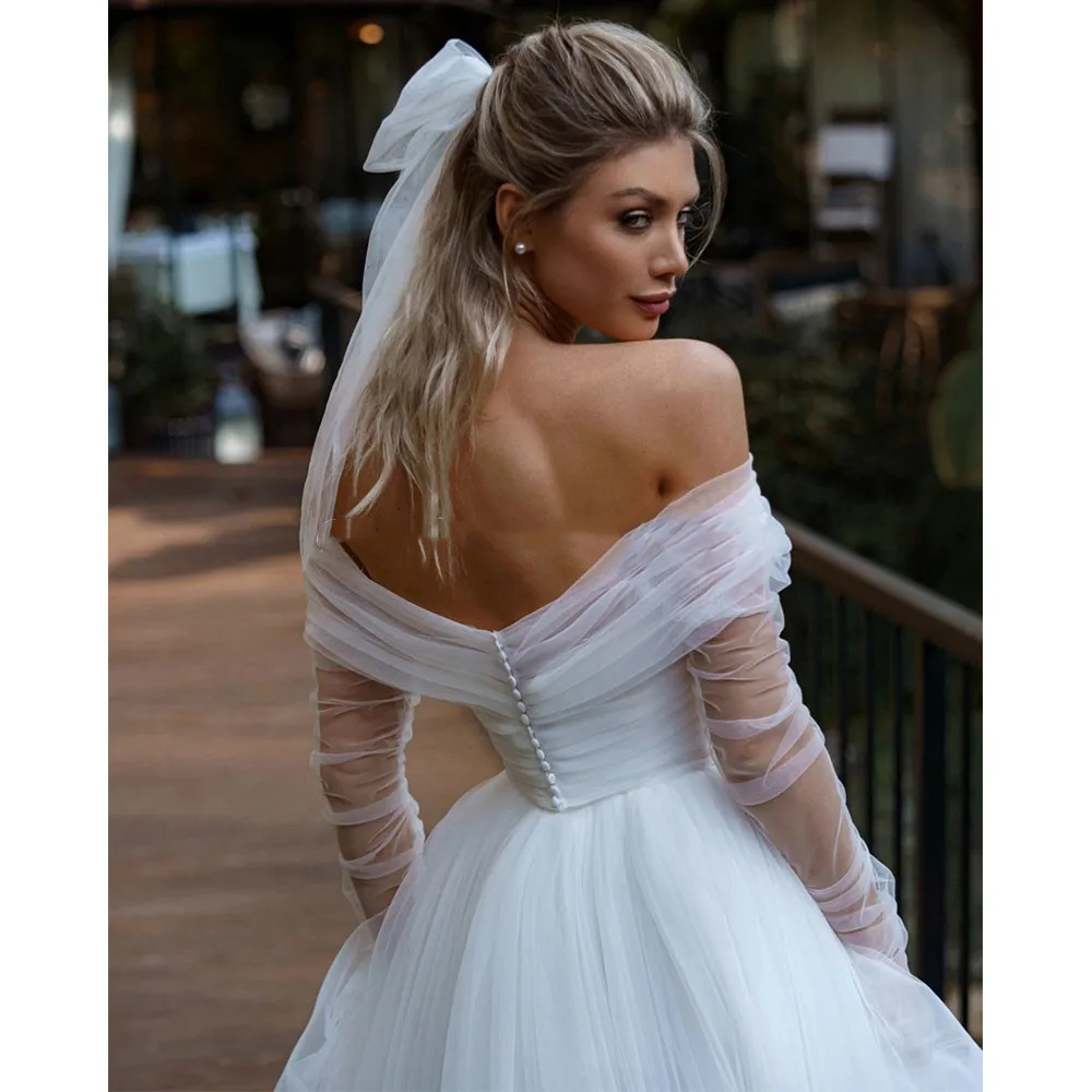 A Simple White Tulle E Wedding Dresses With Detachable Wrap Off The Shoulder Long Sleeves Pleats Sweetheart Boho Bridal Gowns Sweeart Lz0304