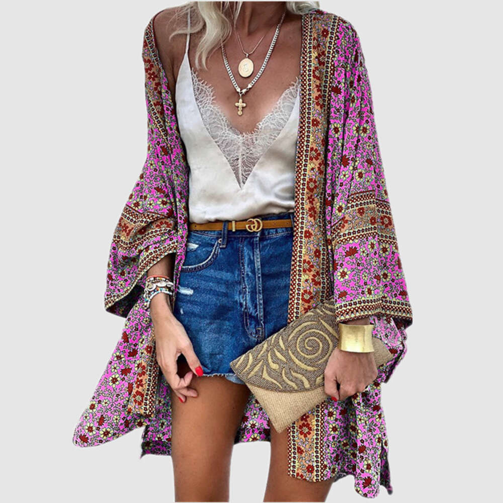 Women's 2024 Summer Thin Loose Bohemian Long Sleeve Printed Mid Length Cardigan Cover Up