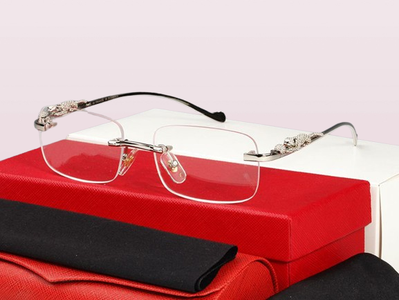 luxury designer sunglasses Eyeglasses frames temples with panther heads Metal Frameless Full Rim Semi Rimless rectangular shape fo