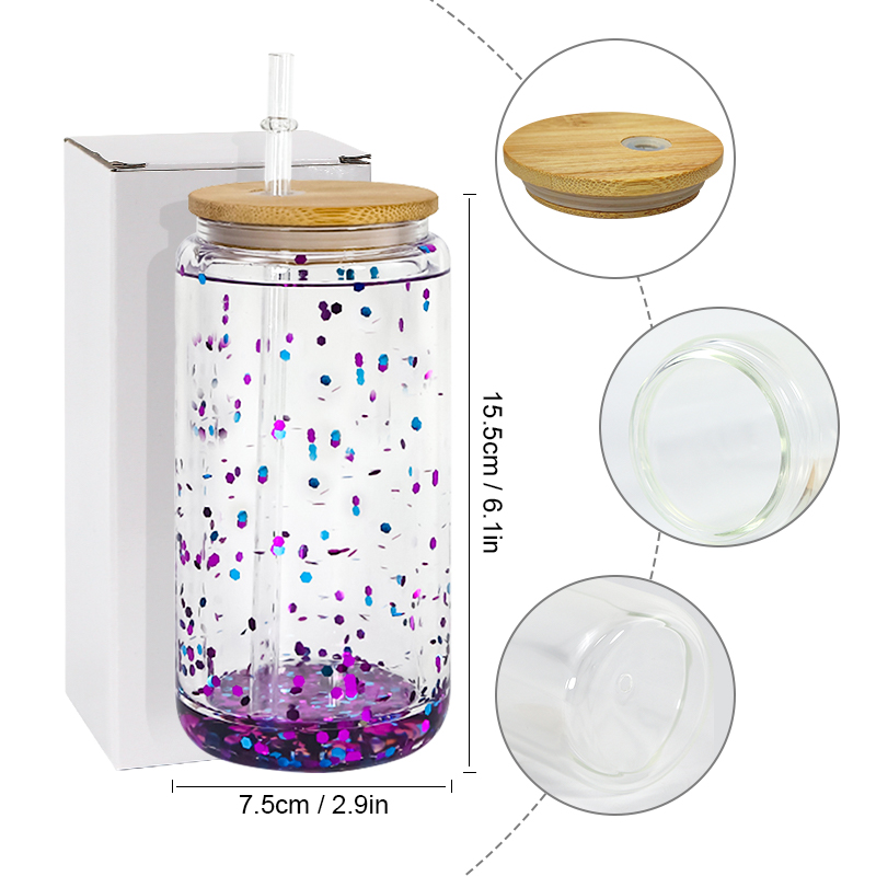 Sublimation 16oz Snow globe tumbler double wall glass tumblers with bamboo lids for Vinyl UV DTF sticker Summer Drinkware Mason Jar drinking cups