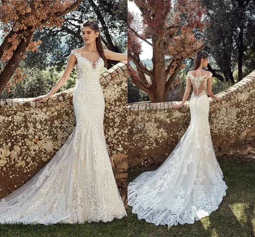 Sexy Beach Boho Full Lace Mermaid Sheer Neck Illusion Button Back Bohemian Wedding Dresses Bridal Gowns Bc1800