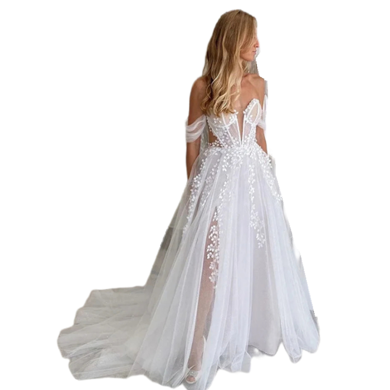 Illusion Lace Sexy Wedding Dresses Boho Tulle Sheer Deep V Neck Off The Shoulder Front Split Beach Bridal Gowns Summer A Line Long Bride Wear