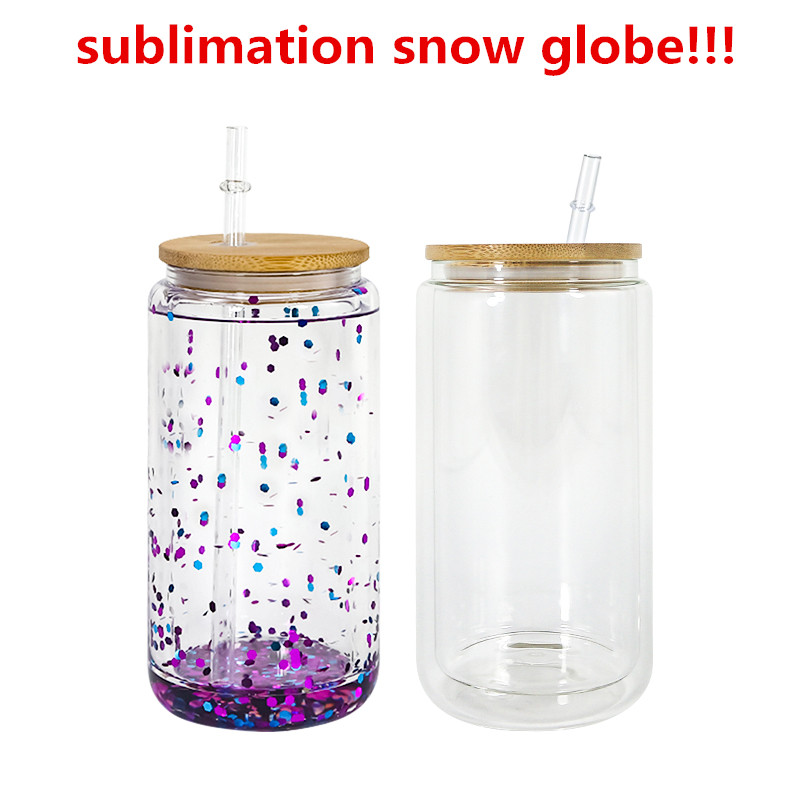 Sublimation 16oz Snow globe tumbler double wall glass tumblers with bamboo lids for Vinyl UV DTF sticker Summer Drinkware Mason Jar drinking cups