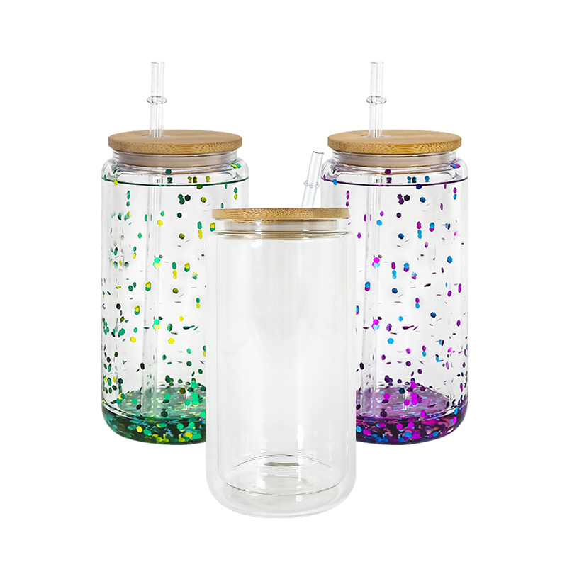Sublimation 16oz Snow globe tumbler double wall glass tumblers with bamboo lids for Vinyl UV DTF sticker Summer Drinkware Mason Jar drinking cups