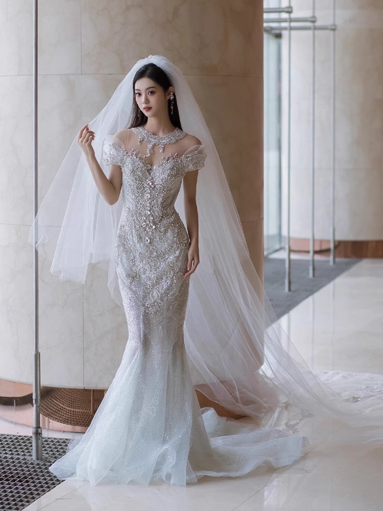 Bohemian diamond Mermaid Wedding Dresses off shoulder 2024 sequined bling plus size Bridal Gowns crystals sweep Train Luxurious Beaded Crystals Mermai
