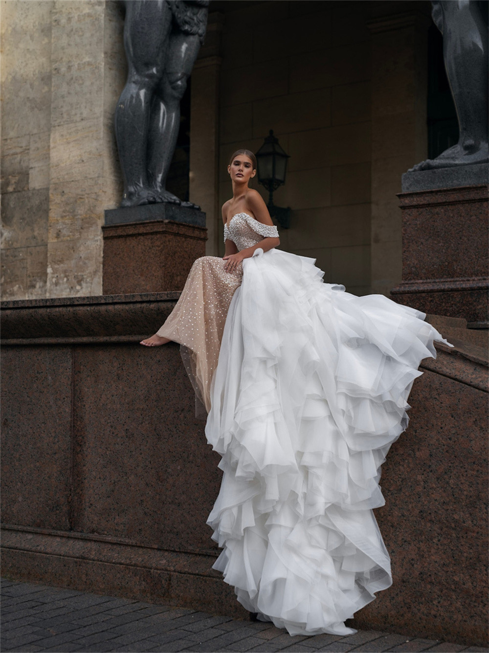 Mermaid Dresses Illusion With Detachable Train Off The Shoulder Pearls Castl Wedding Bridal Gown Customized Vestidos De Novia