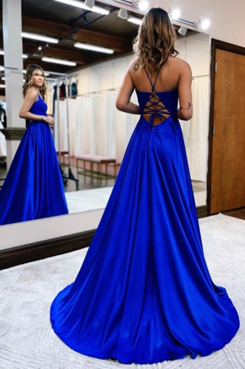 Sexy Backless Turquoise Royal Blue A Line Prom Dresses Spaghetti Straps Appliques Satin Long Evening Gowns With Front Split BC14978