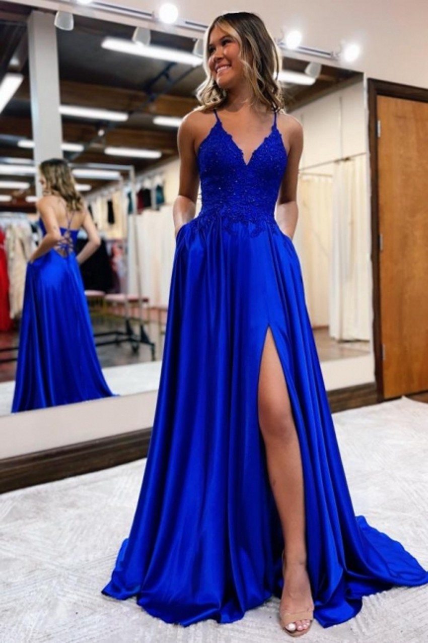 Sexy Backless Turquoise Royal Blue A Line Prom Dresses Spaghetti Straps Appliques Satin Long Evening Gowns With Front Split BC14978
