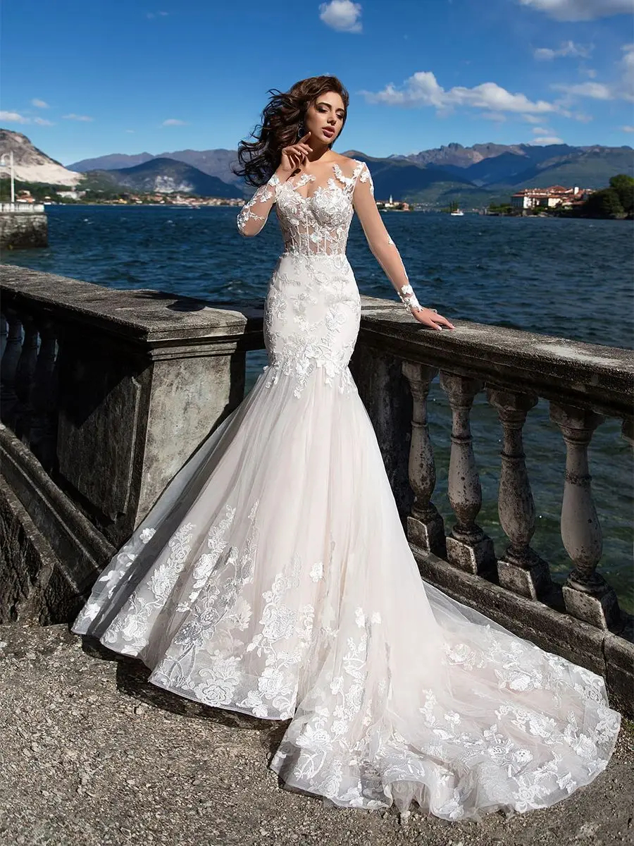 Illusion Beach Sexy Mermaid Wedding Dresses Long Sleeves Lace Appliques Vestido De Noiva Sweep Train Tulle Arabic Bridal Gowns