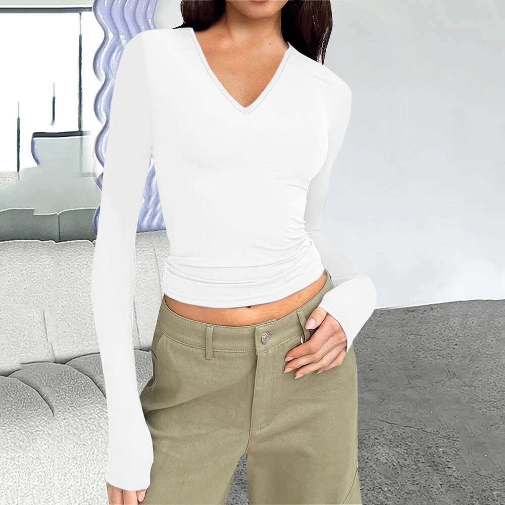 New Women's V-neck Long Sleeve Basic Fit Versatile T-shirt Top for Women