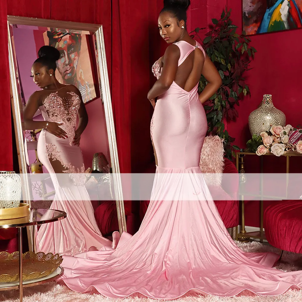 Sexy Celebrate Prom Dress Mermaid Beads Crystal Pink Formal Evening Night Wear Vestidos De Gala Party Gowns 0914