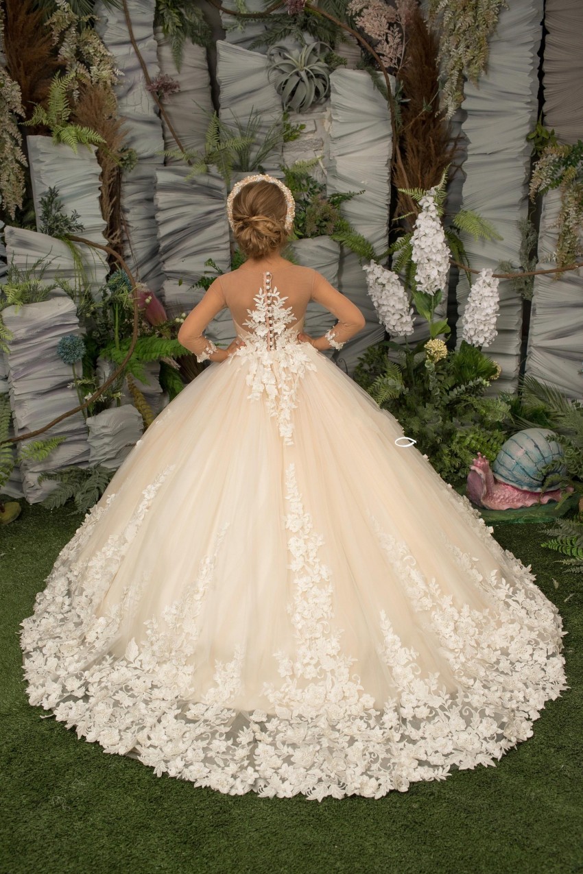 Princess Champagne Lace Flower Girl Dresses Sheer Long Sleeves Appliques Long Girls Pageant Gowns Formal Kids Birthday Party Communion Dress Custom Ma