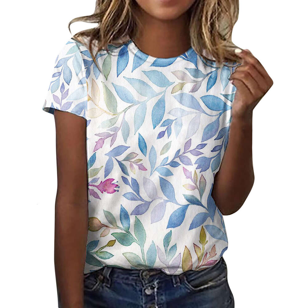 New Oversized, Thin Print, Versatile Printed T-shirt, Women's Round Neck, Loose Floral Short Sleeved T-shirt, Small Shirt