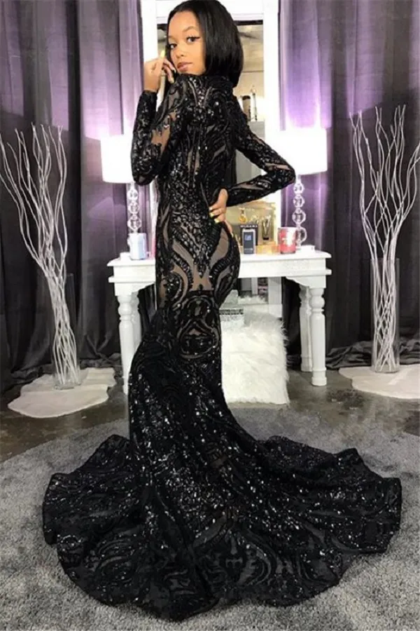 Neck High Shiny Appliques Black Girl Prom Dresses Mermaid Long Sleeve Evening Gowns