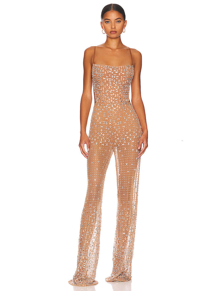 Sexy Straps Perspective Mesh Crystal Diamond Jumpsuit Women Apricot Sleeveless Backless Shiny Rhinestone Jumpsuits Party Club