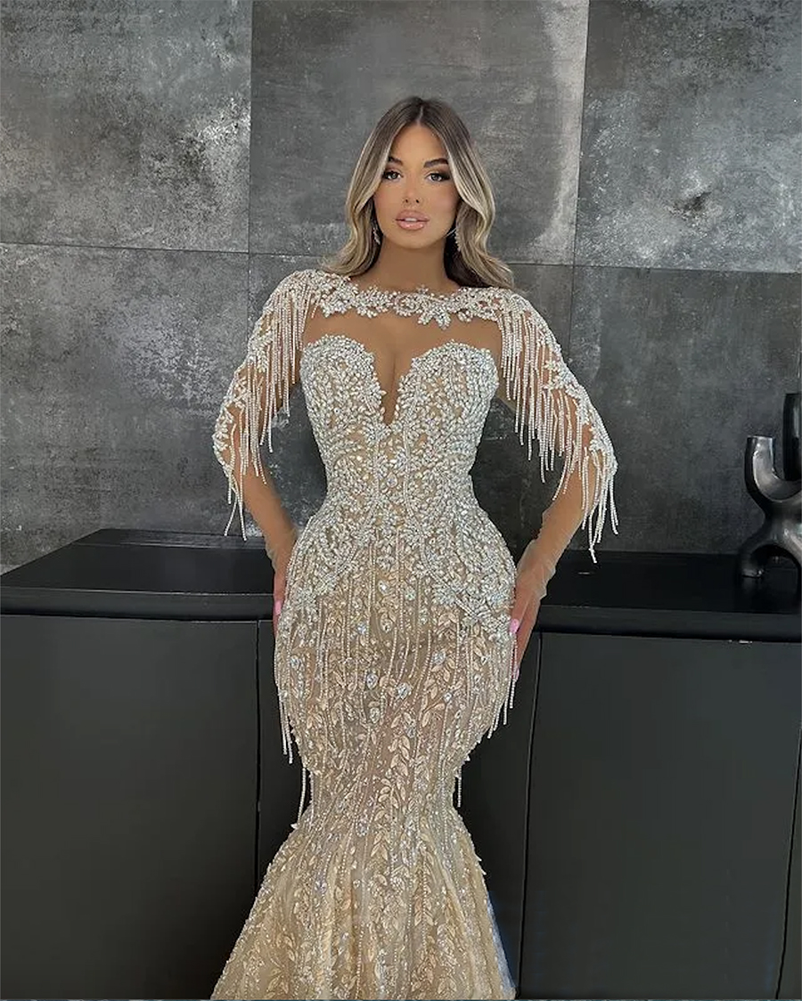 2024 Aso Ebi Champagne Mermaid Prom Dress Beaded Crystals Evening Formal Party Second Reception Birthday Bridesmaid Engagement Gowns Dresses Robe De S
