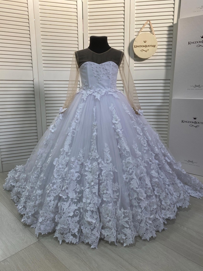 Princess Champagne Lace Flower Girl Dresses Sheer Long Sleeves Appliques Long Girls Pageant Gowns Formal Kids Birthday Party Communion Dress Custom Ma