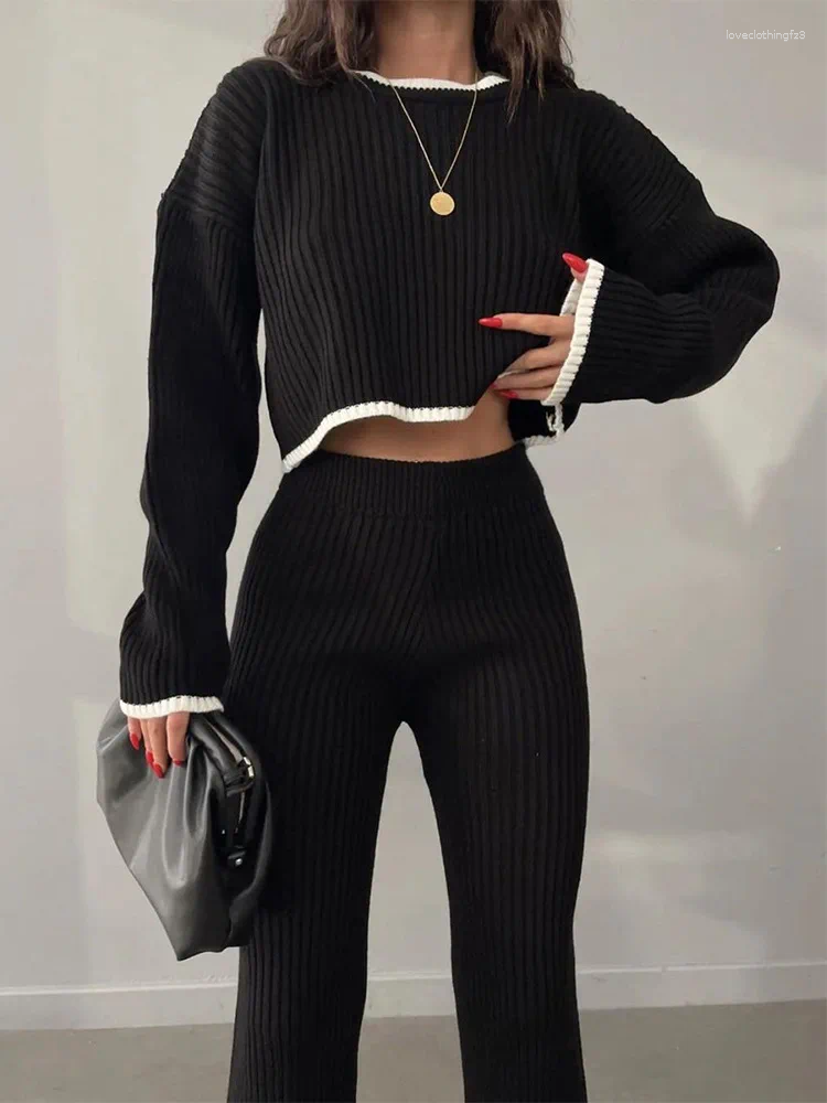 Women's Two Piece Pants Tracksuits Split Up Pullover Sweater Wide Leg Suit 2024 Autumn Casual Elegant Streetwear Color Block Knitted Women