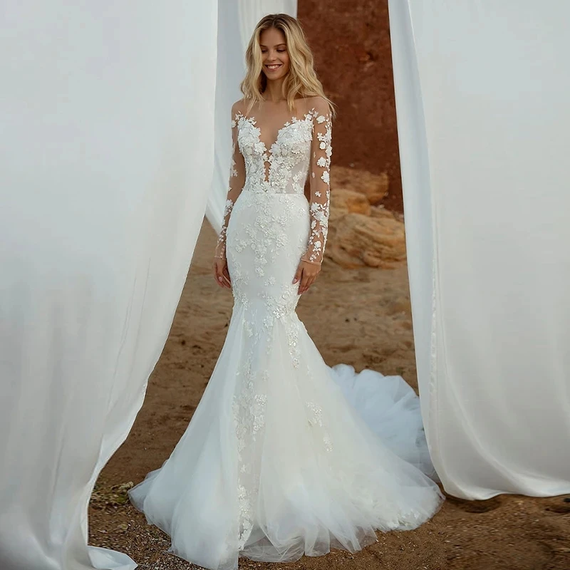 Wedding Sexy Backless Mermaid Dresses wer Lace Appliques Long Sleeves Bridal Gowns Illusion Sheer Neck Ivory Tulle Beach Bride Dress 2024