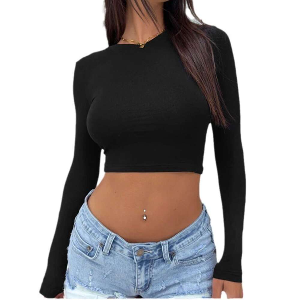 New Tight Fitting T-shirt Versatile for Wearing with Exposed Navel. Spicy Girls Wear Long Sleeved Short Bottomed Shirt