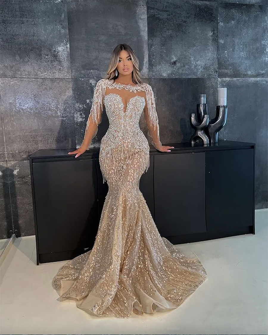 2024 Aso Ebi Champagne Mermaid Prom Dress Beaded Crystals Evening Formal Party Second Reception Birthday Bridesmaid Engagement Gowns Dresses Robe De S