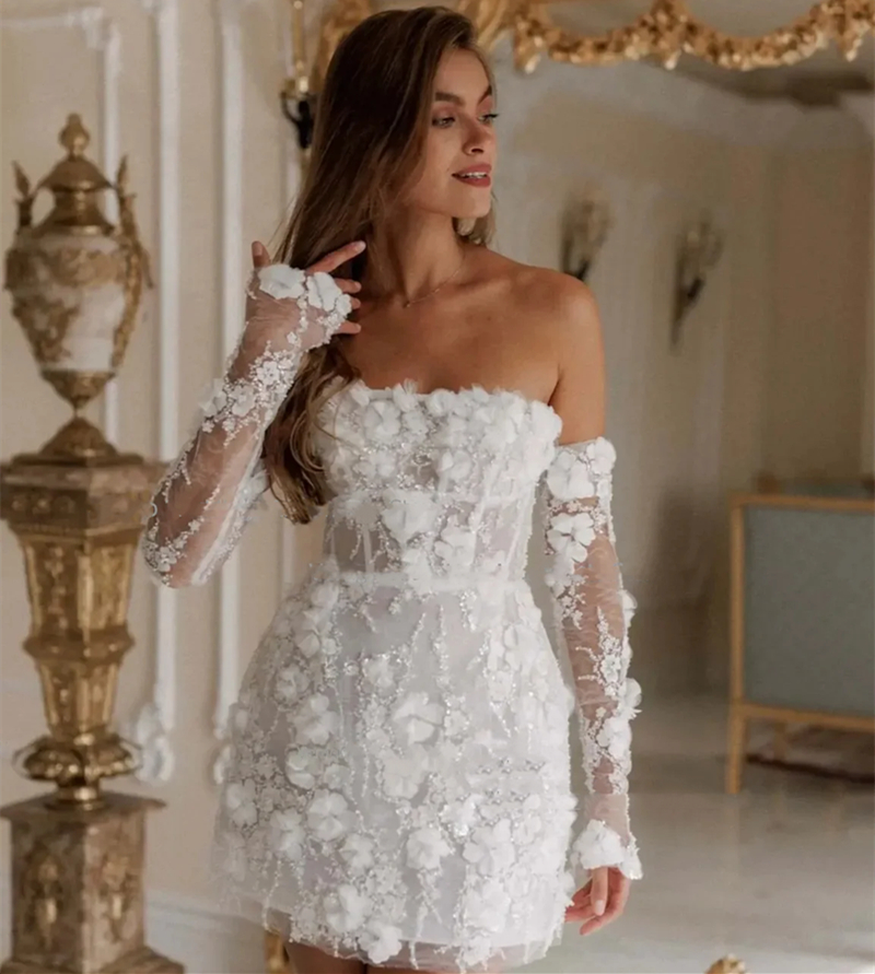 Sheath Lace Mini Short Wedding Dresses D Floral Appliques Romantic Bridal Gown Strapless Corset Beach Boho Bride Dress Spring Summer Modern Robe De Ma