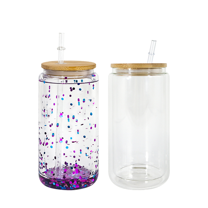 Sublimation 16oz Snow globe tumbler double wall glass tumblers with bamboo lids for Vinyl UV DTF sticker Summer Drinkware Mason Jar drinking cups