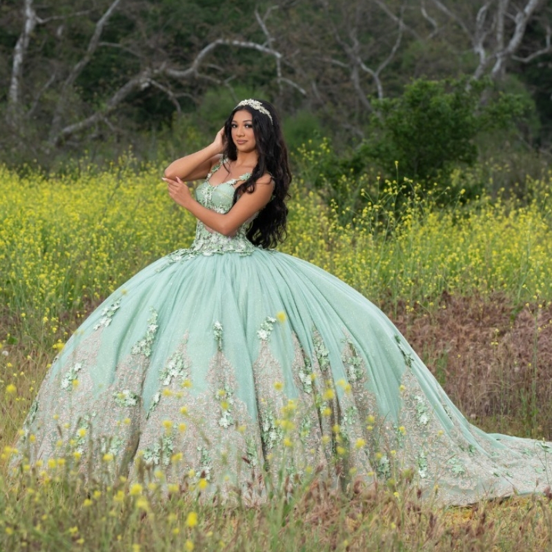 Sage Green Shiny Off Shoulder Quinceanera Prom ral Applique Princess Lace Beads weet 15 Year Old Party Dress