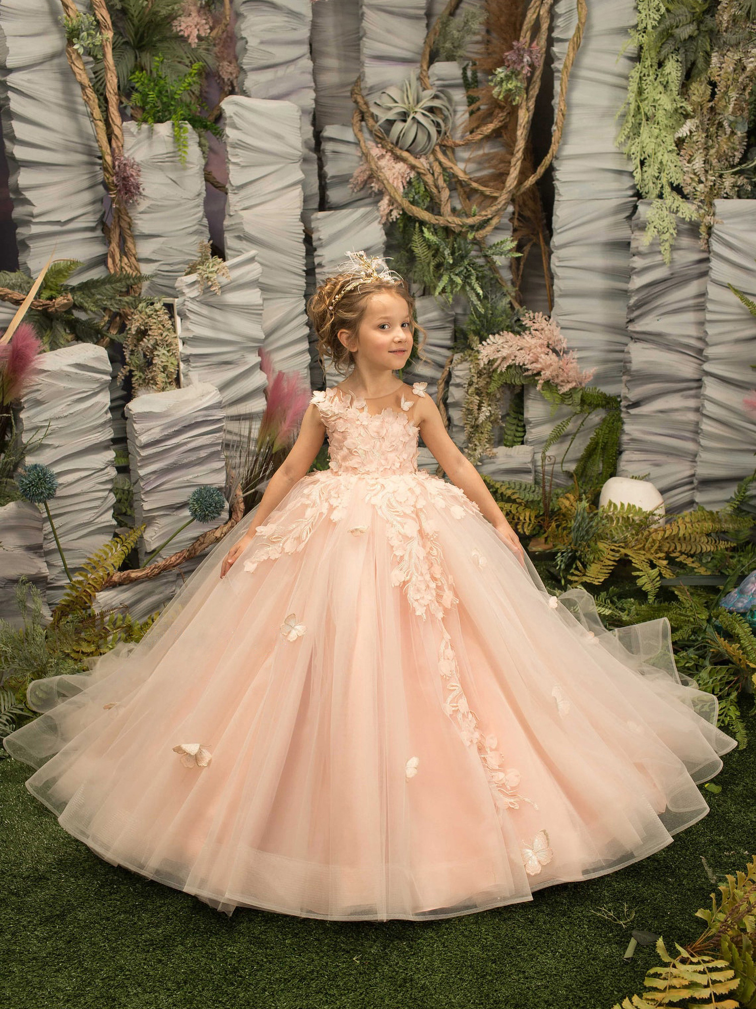 Pink Gorgeous Lace Wer Girl Dresses Princess A E Sheer Neck D Butterfly Wers Long Girls Pageant Gowns Kids Toddler Communion Birthday Dress BC s s res