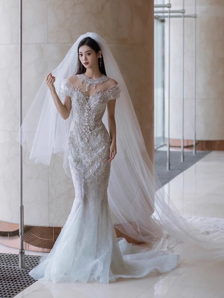 Bohemian diamond Mermaid Wedding Dresses off shoulder 2024 sequined bling plus size Bridal Gowns crystals sweep Train Luxurious Beaded Crystals Mermai