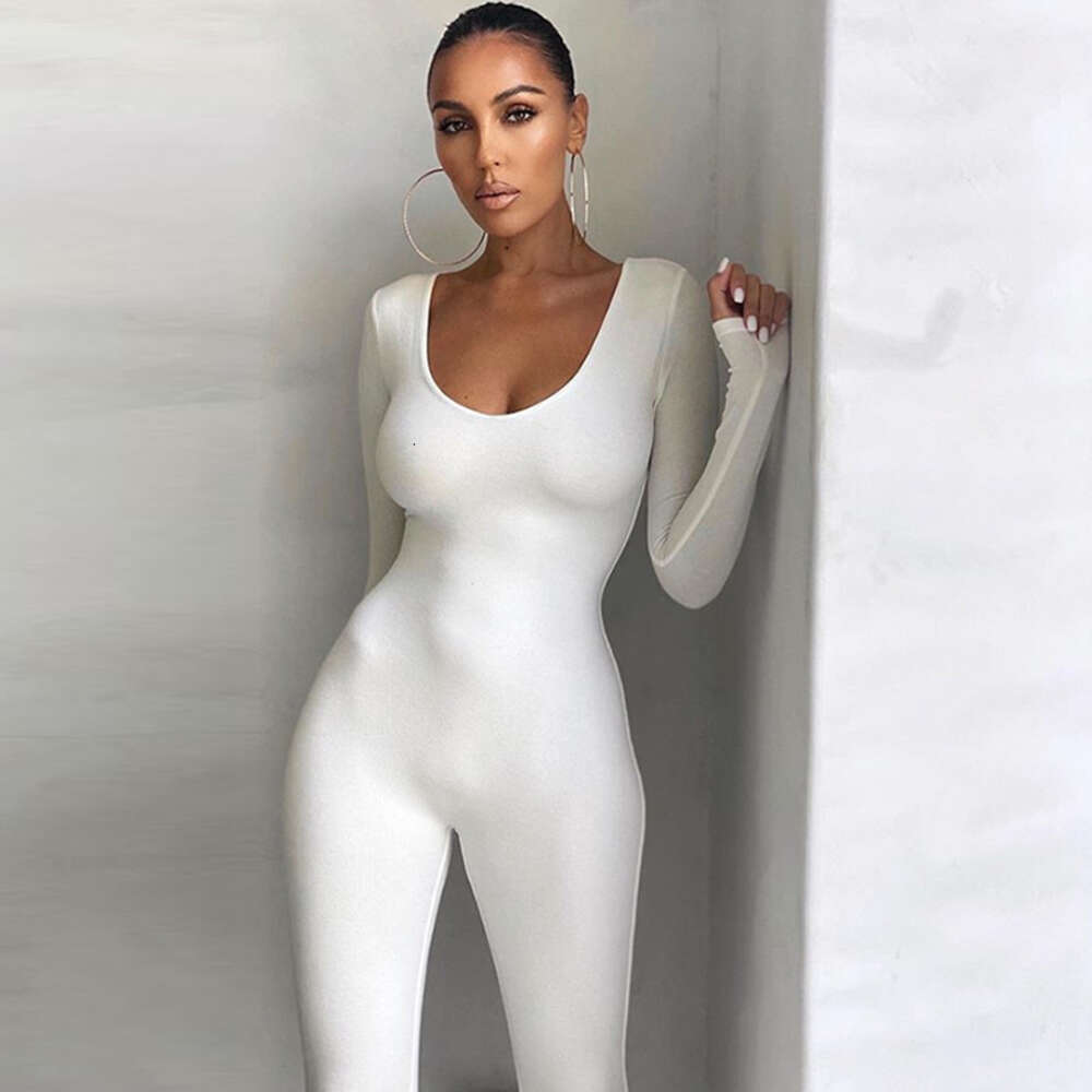 2024 Spring Women's New Low Neck Tight Long Sleeve High Waist Solid Color Sports and Fiess Jumpsuit