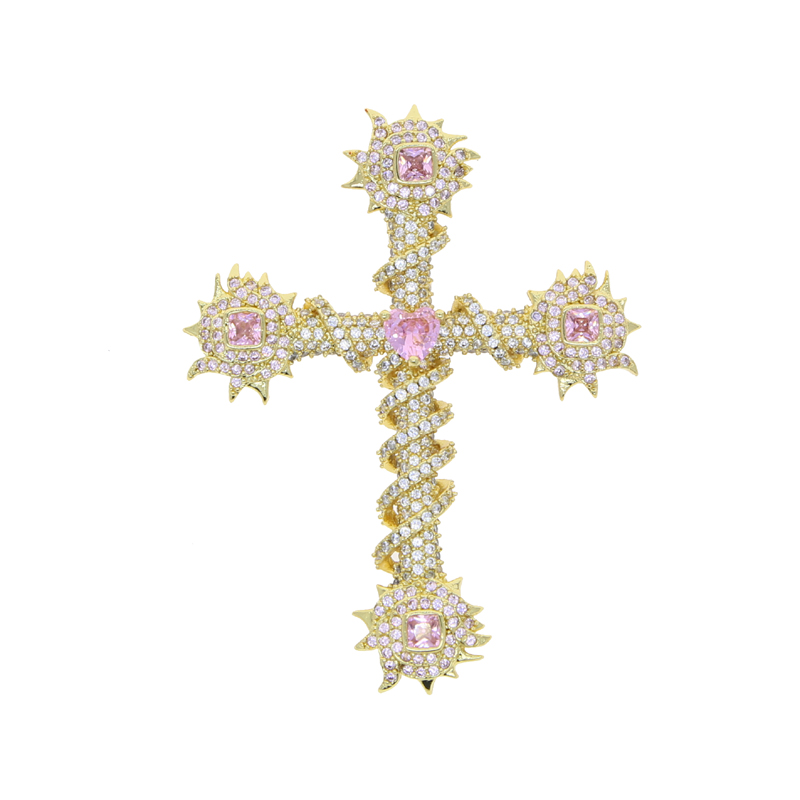 Hip Hop Cross Necklace: Sier Plated 5A Pink Cubic Zirconia Rose wer Pendant w/ Rope Chain for Men Women