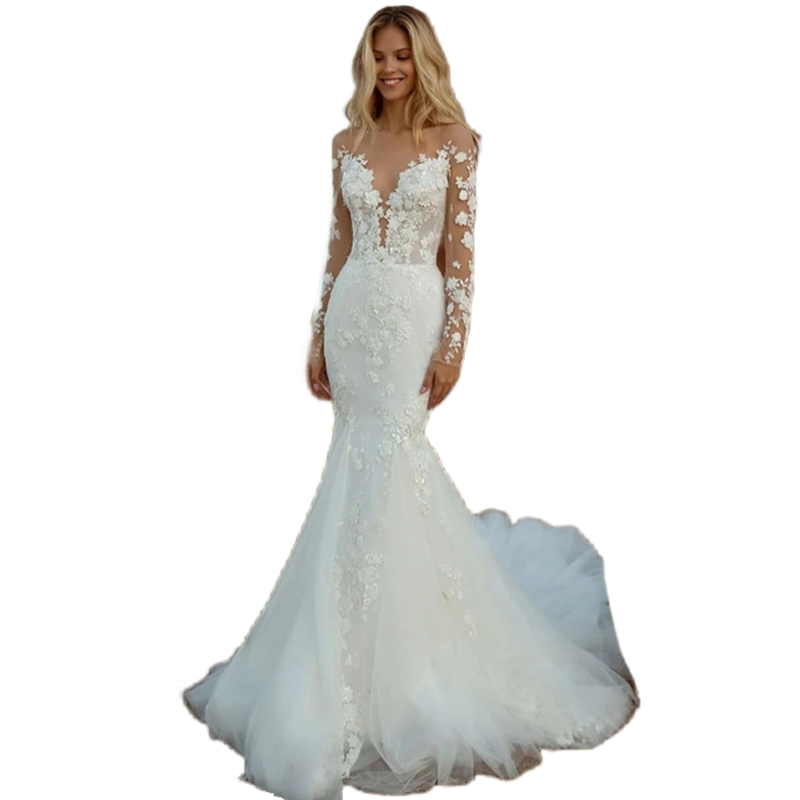 Wedding Sexy Backless Mermaid Dresses wer Lace Appliques Long Sleeves Bridal Gowns Illusion Sheer Neck Ivory Tulle Beach Bride Dress 2024