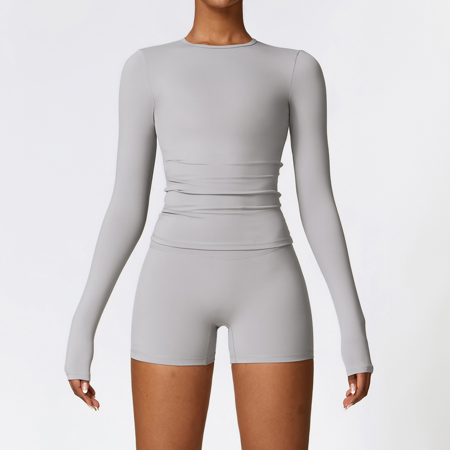 Women Yoga Set Running Two Piece Long Sleeve Shirt + Short With Fiess Pant Shorts Bt41515