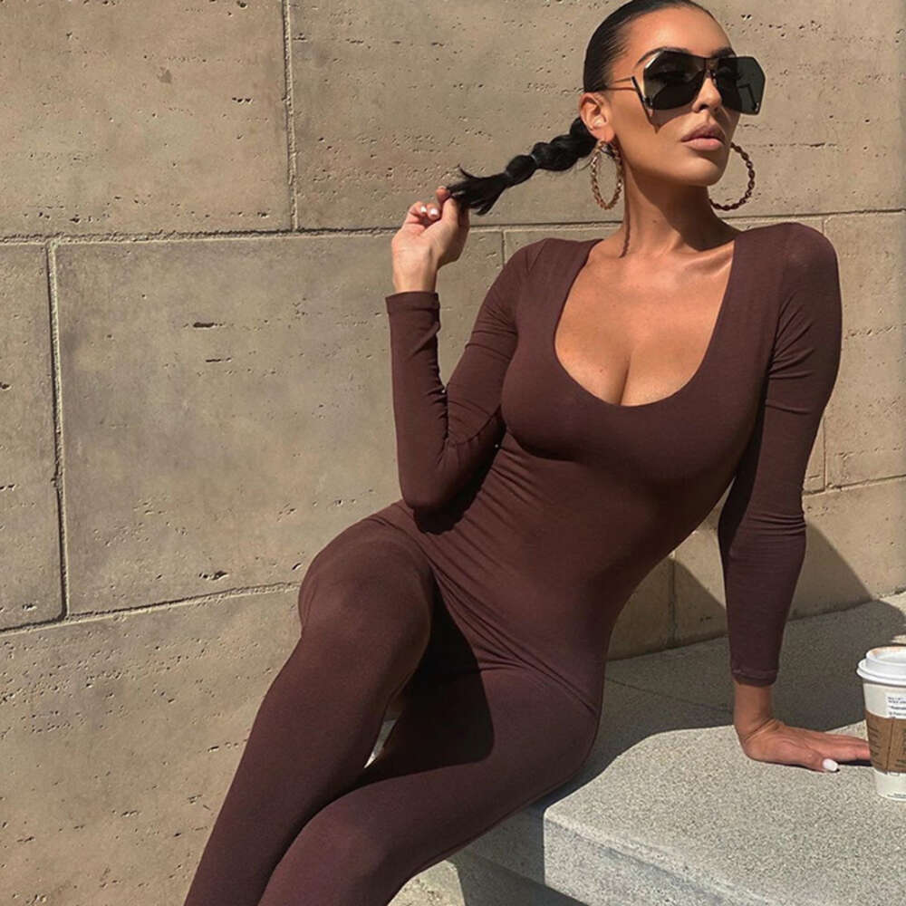 2024 Spring Women's New Low Neck Tight Long Sleeve High Waist Solid Color Sports and Fiess Jumpsuit