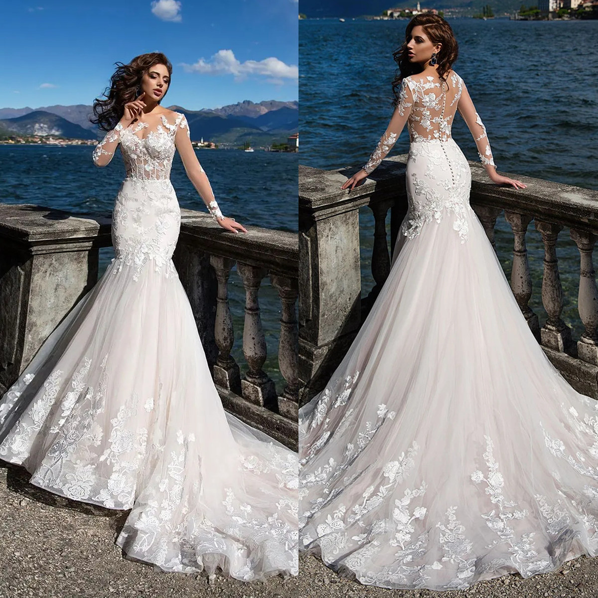 Illusion Beach Sexy Mermaid Wedding Dresses Long Sleeves Lace Appliques Vestido De Noiva Sweep Train Tulle Arabic Bridal Gowns