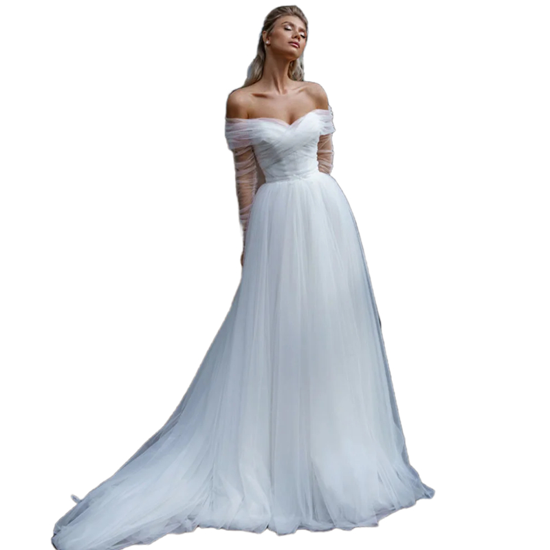 A Simple White Tulle E Wedding Dresses With Detachable Wrap Off The Shoulder Long Sleeves Pleats Sweetheart Boho Bridal Gowns Sweeart Lz0304
